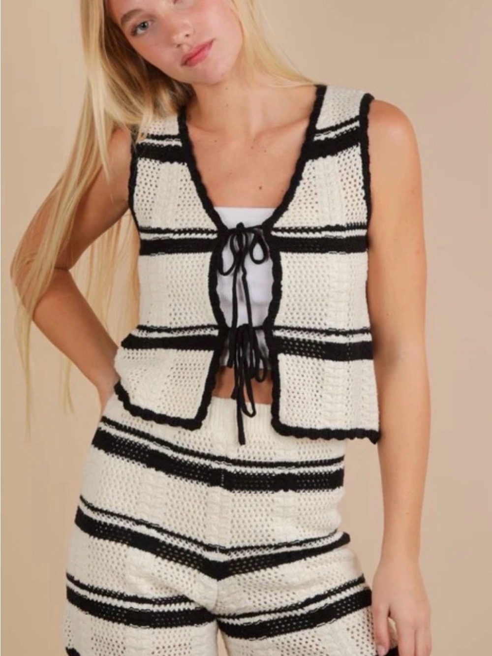 Very J Cream and Black Crocheted Tank Vest